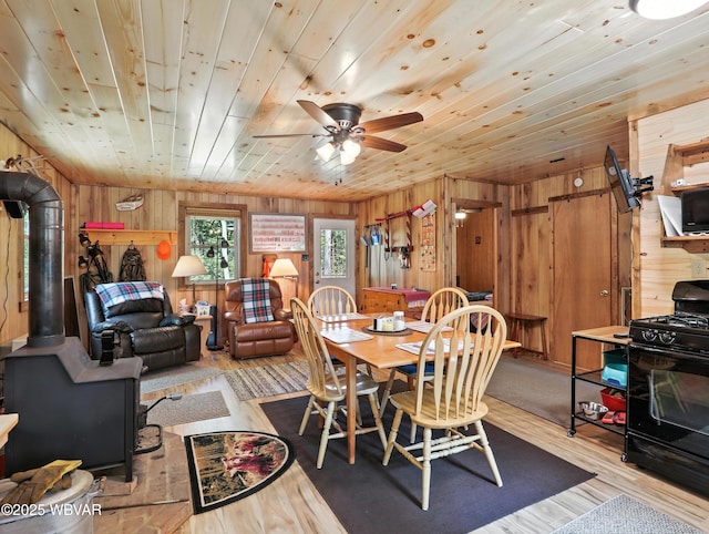 110 Worlds End Rd, Muncy Valley, PA 17758 - dining space featuring wood walls, wood finished floors, wood ceiling, ceiling fan, and a wood stove