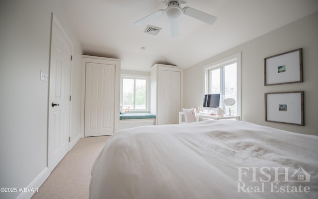 335 Chirlton Pt, Montoursville, PA 17754 - bedroom featuring carpet, vaulted ceiling, multiple windows, baseboards, and a ceiling fan