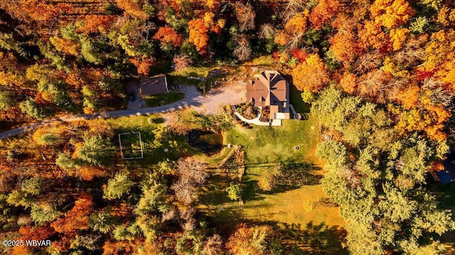 birds eye view of property featuring a view of trees