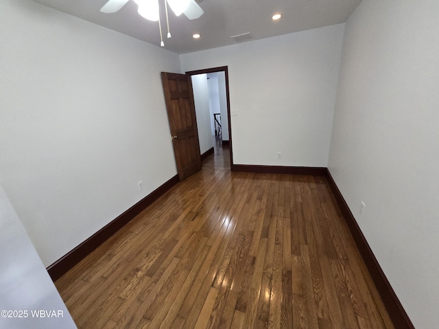 spare room with recessed lighting, baseboards, ceiling fan, and hardwood / wood-style flooring