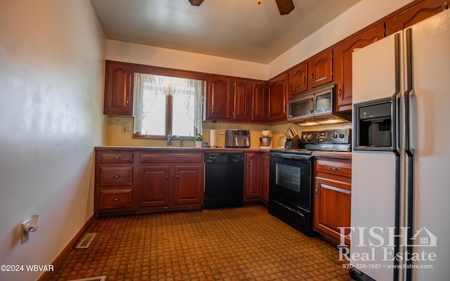 kitchen with black appliances, ceiling fan, and sink