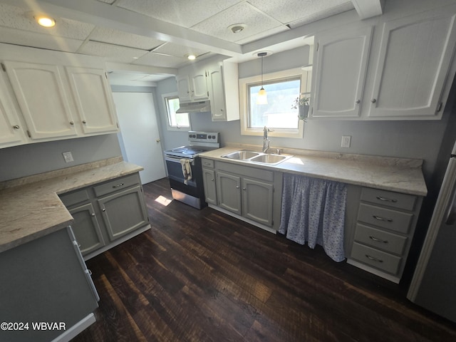 kitchen featuring stainless steel electric range oven, sink, hanging light fixtures, dark hardwood / wood-style flooring, and white cabinets