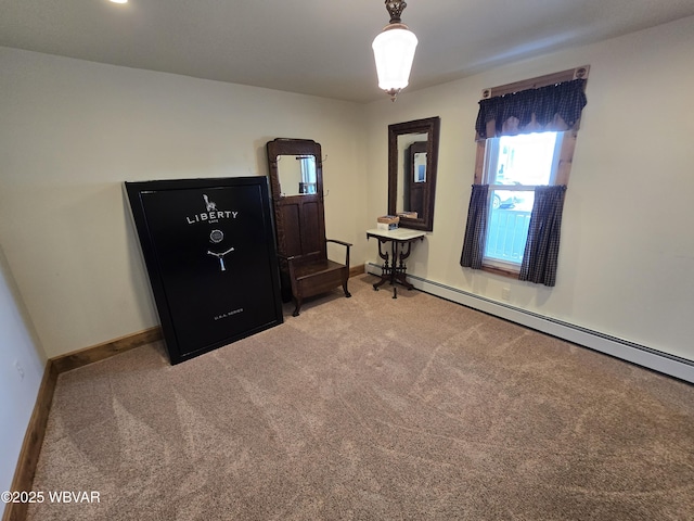 unfurnished bedroom featuring carpet floors and a baseboard radiator