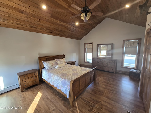 bedroom featuring dark wood-type flooring, ceiling fan, and wooden ceiling