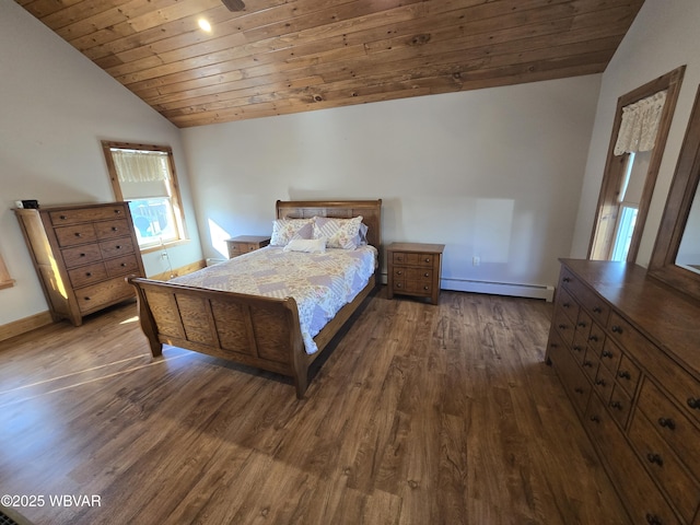 bedroom with vaulted ceiling, dark hardwood / wood-style flooring, wooden ceiling, and a baseboard radiator