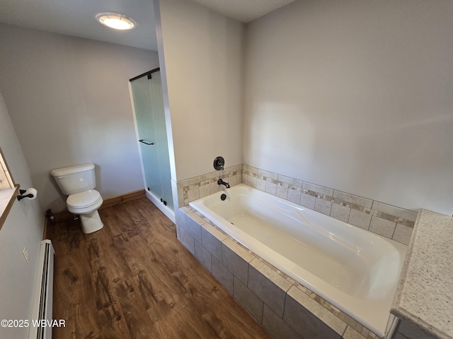 bathroom with baseboard heating, toilet, independent shower and bath, and hardwood / wood-style flooring