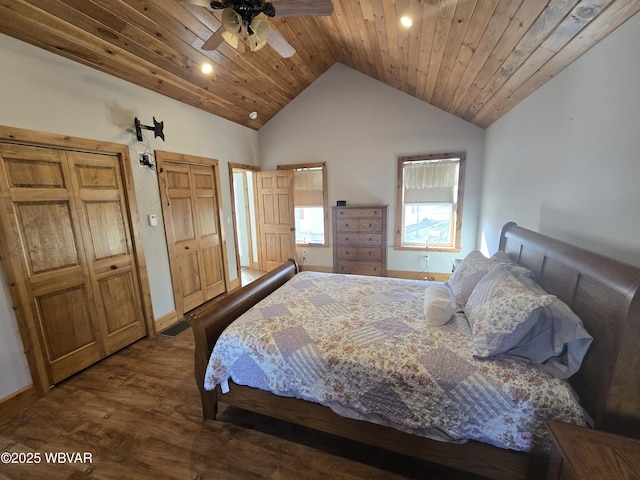 bedroom featuring dark hardwood / wood-style floors, ceiling fan, wood ceiling, and two closets