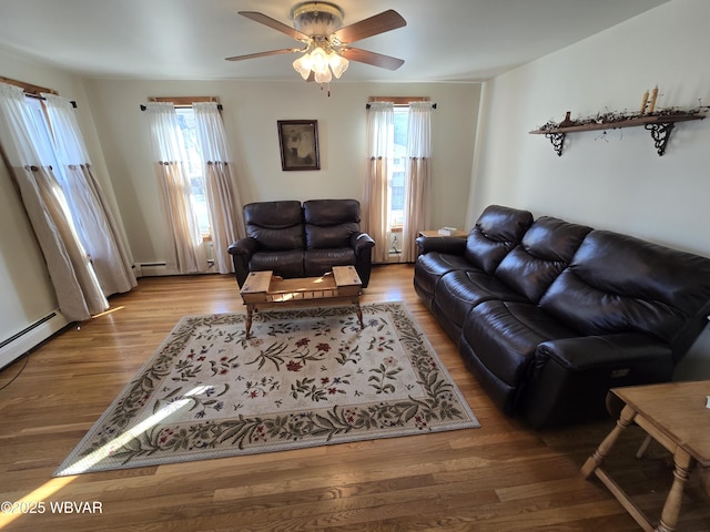 living room with ceiling fan and wood-type flooring