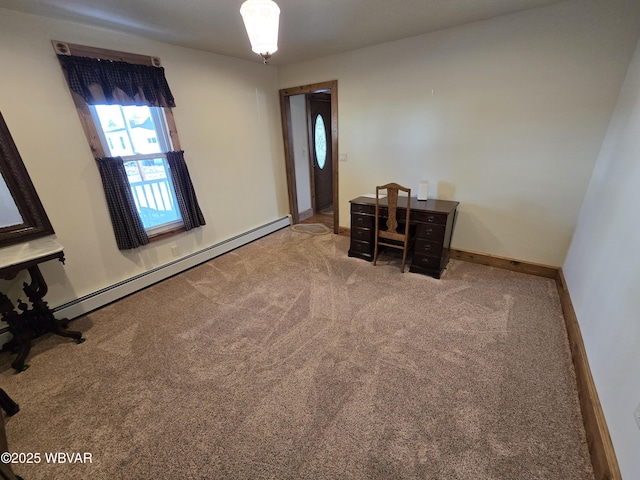 interior space with carpet flooring and a baseboard radiator