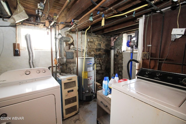 laundry area featuring water heater and washer and dryer