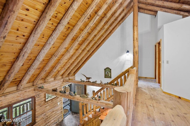 175 Hemlock Ln, Millville, PA 17846 - staircase with wooden ceiling, hardwood / wood-style floors, and baseboards