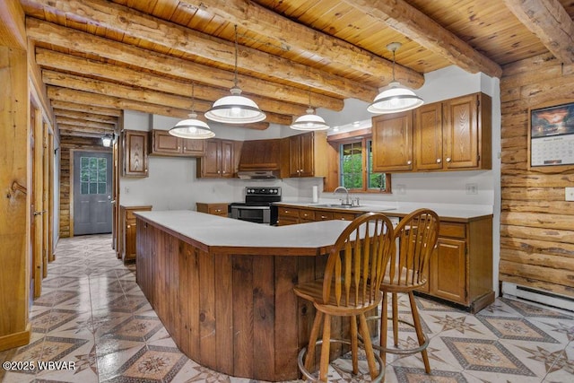 175 Hemlock Ln, Millville, PA 17846 - kitchen featuring stainless steel electric range oven, wood ceiling with exposed beams, a sink, a center island, and brown cabinets