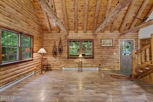 175 Hemlock Ln, Millville, PA 17846 - interior space with wooden ceiling with exposed beams, a baseboard heating unit, wood finished floors, high vaulted ceiling, and stairs