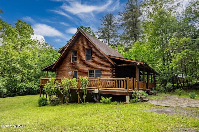 175 Hemlock Ln, Millville, PA 17846 - back of property featuring log exterior, a lawn, a wooden deck, and a chimney