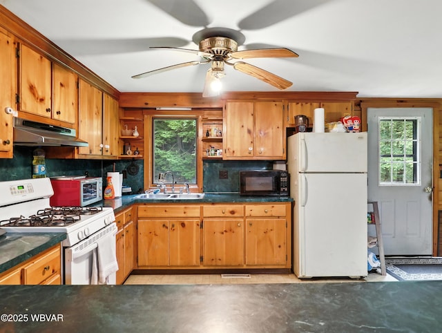 72 Carl Rd, Dushore, PA 18614 - kitchen featuring white appliances, under cabinet range hood, open shelves, and healthy amount of natural light