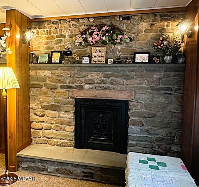 2155 Slacks Run Rd, Trout Run, PA 17771 - details with wood walls and a fireplace