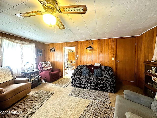 2155 Slacks Run Rd, Trout Run, PA 17771 - carpeted living area featuring wooden walls and ceiling fan