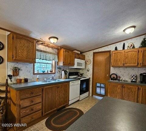 68 Sassafras Ln, Waterville, PA 17776 - kitchen featuring a sink, dark countertops, white appliances, and a textured ceiling