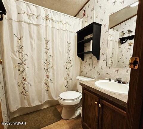 68 Sassafras Ln, Waterville, PA 17776 - full bath featuring vanity, wood finished floors, toilet, wallpapered walls, and a textured ceiling