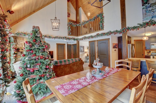 dining space with vaulted ceiling, wood-type flooring, wooden ceiling, and an inviting chandelier