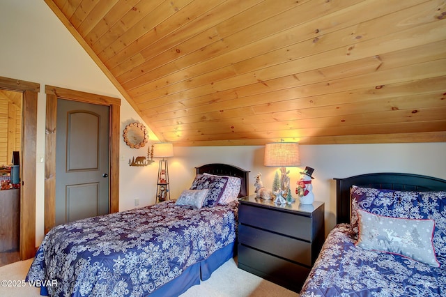 bedroom featuring lofted ceiling, carpet flooring, and wood ceiling