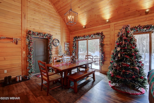 dining space with hardwood / wood-style flooring, wooden walls, and wood ceiling