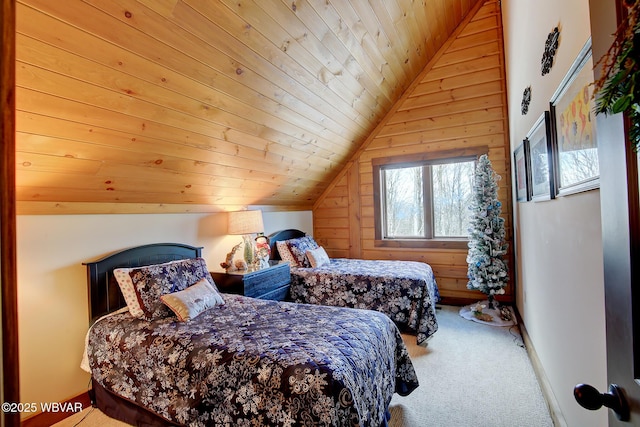 carpeted bedroom with lofted ceiling, wooden walls, and wood ceiling