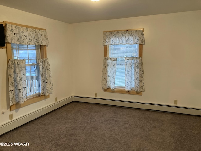 empty room with a baseboard radiator, plenty of natural light, and carpet