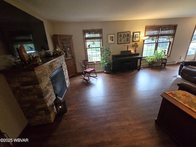 131 Walnut Ln, Jersey Shore, PA 17740 - living area featuring healthy amount of natural light, a stone fireplace, a baseboard radiator, and dark wood-style flooring