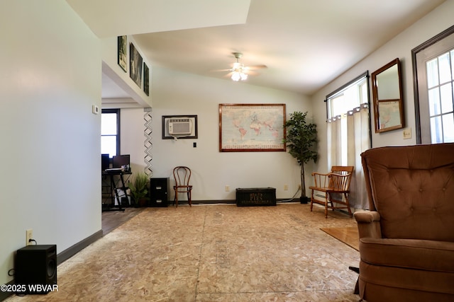 3630 Linn St, Cogan Station, PA 17728 - living area with lofted ceiling, a ceiling fan, a wall mounted AC, and baseboards