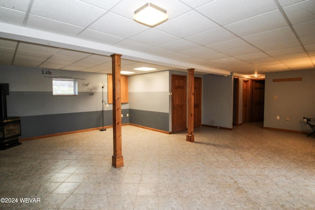 basement with a wood stove