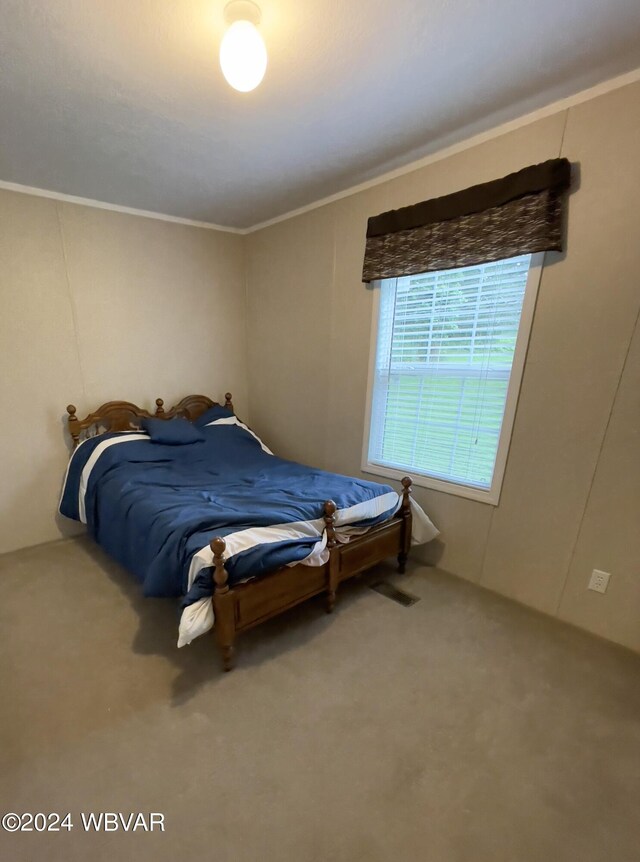 bedroom with carpet floors and ornamental molding