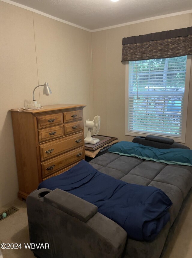 carpeted bedroom featuring ornamental molding