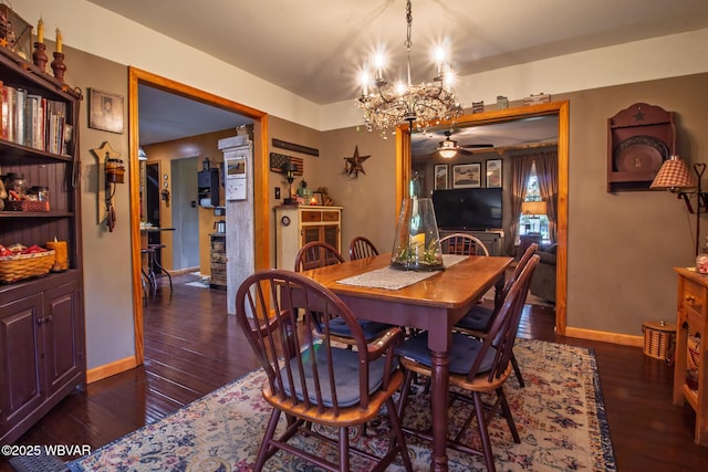 196 Shawnee Dr, Muncy, PA 17756 - dining room featuring a chandelier, a ceiling fan, dark wood-style flooring, and baseboards