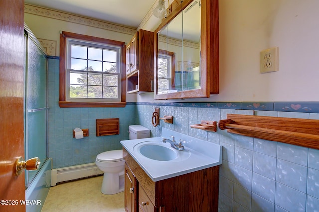 443 Derr Hill Rd, Lock Haven, PA 17745 - full bath with baseboard heating, vanity, toilet, wainscoting, and tile walls