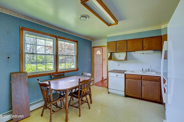 443 Derr Hill Rd, Lock Haven, PA 17745 - kitchen with white appliances, a sink, brown cabinets, a baseboard heating unit, and light countertops