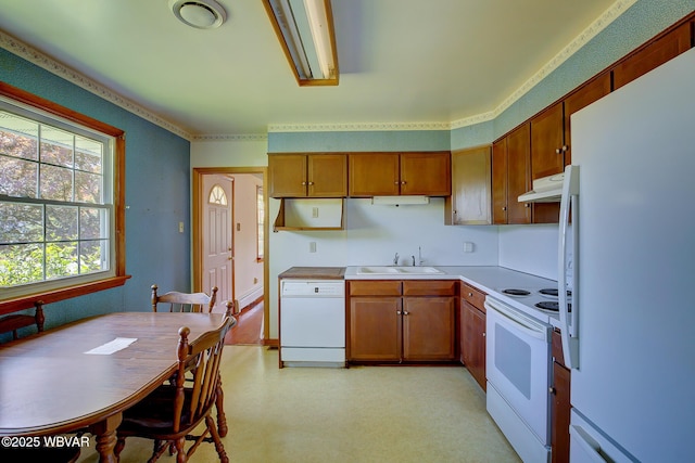 443 Derr Hill Rd, Lock Haven, PA 17745 - kitchen with white appliances, a sink, under cabinet range hood, brown cabinetry, and light countertops