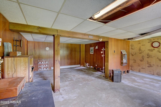 443 Derr Hill Rd, Lock Haven, PA 17745 - finished basement with a drop ceiling, wooden walls, and baseboard heating