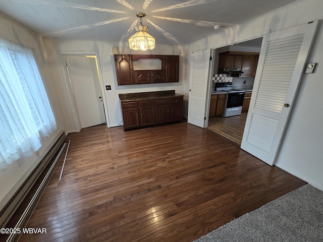 kitchen featuring electric stove, dark brown cabinets, baseboard heating, dark wood-style floors, and pendant lighting