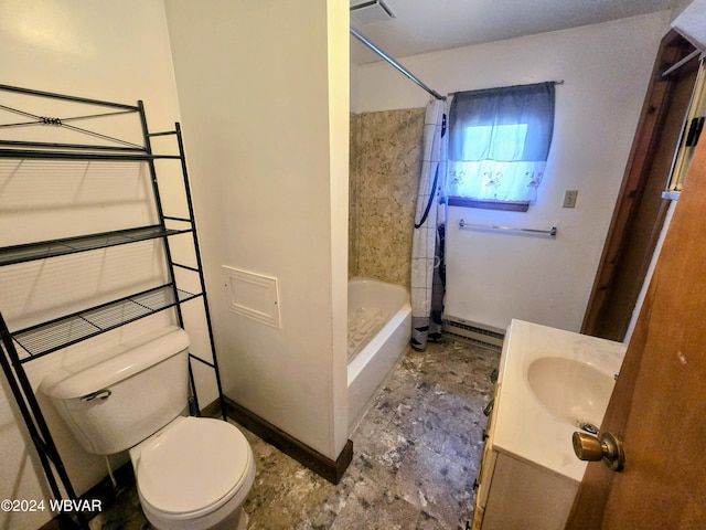 bathroom featuring baseboards, visible vents, toilet, shower / tub combo with curtain, and vanity