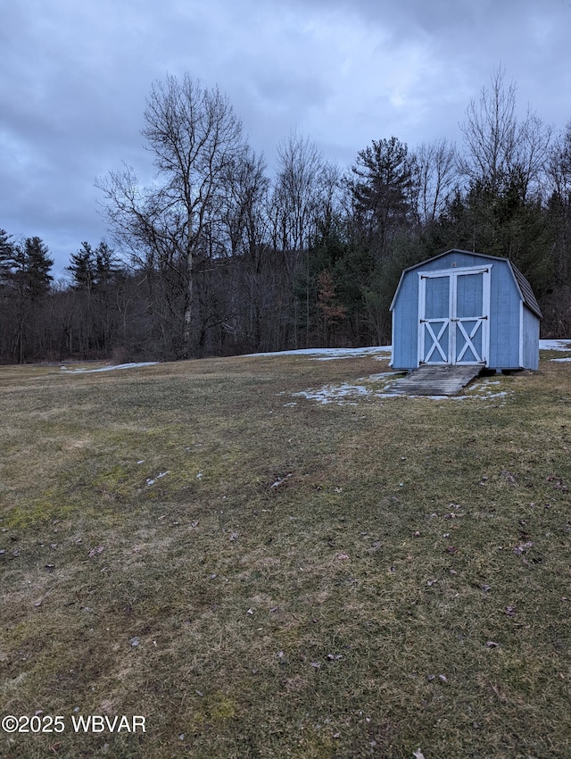 view of yard featuring a storage shed and an outbuilding