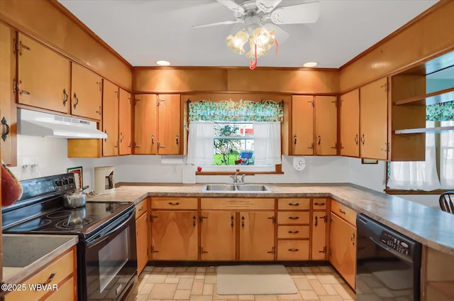 kitchen featuring crown molding, ceiling fan, sink, and black appliances