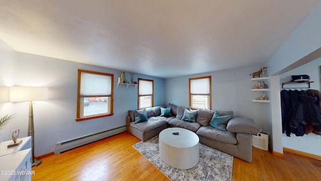 living room featuring light wood-style floors, baseboards, and baseboard heating