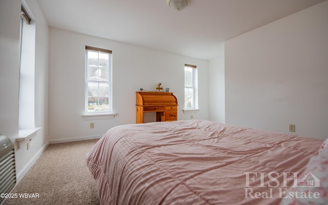 bedroom with carpet flooring, baseboards, and multiple windows