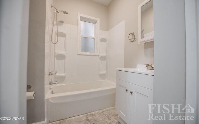 bathroom with shower / bath combination, tile patterned flooring, and vanity