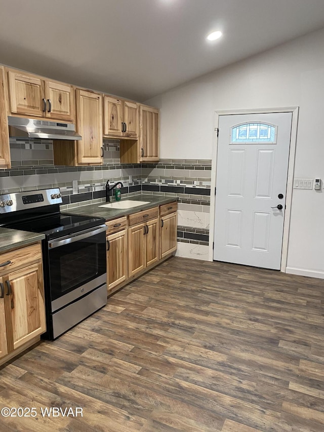 123 Broad St, Watsontown, PA 17777 - kitchen featuring stainless steel electric range oven, under cabinet range hood, dark countertops, dark wood-style floors, and lofted ceiling