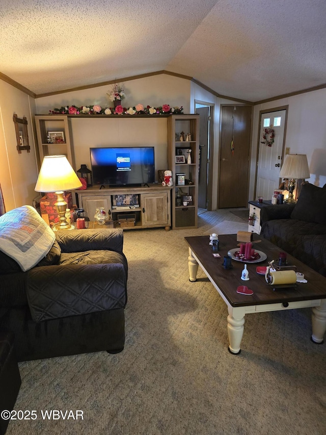 living room with vaulted ceiling, ornamental molding, a textured ceiling, and carpet