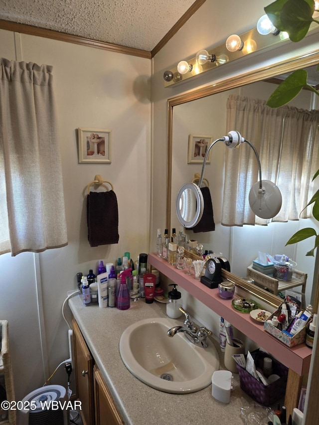 bathroom featuring vanity, ornamental molding, and a textured ceiling