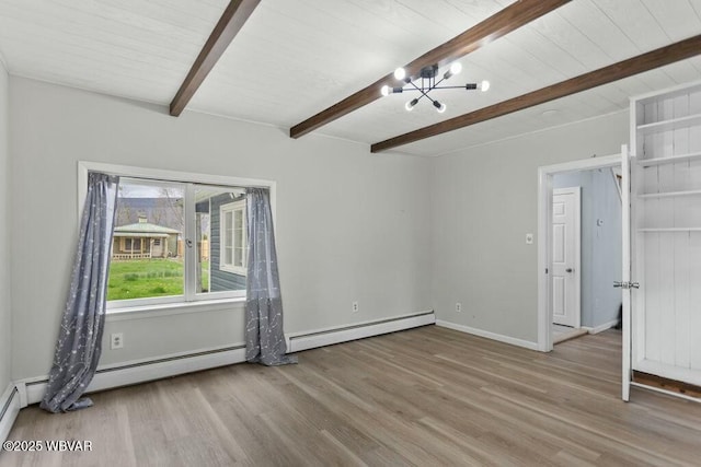 spare room with wood finished floors, a baseboard heating unit, a chandelier, baseboards, and beam ceiling