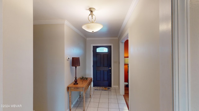 doorway to outside featuring crown molding and light tile patterned flooring